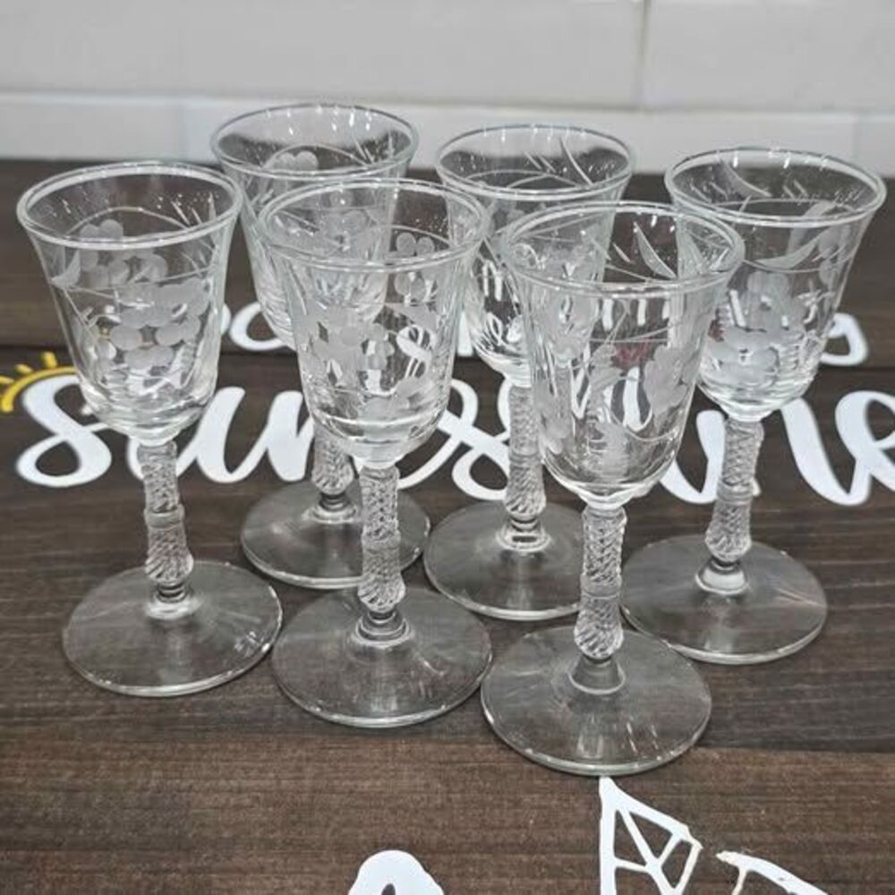 Vintage Etched Grape Clear Shot Glass Cordial Glasses Set of 6 Twisted Stem